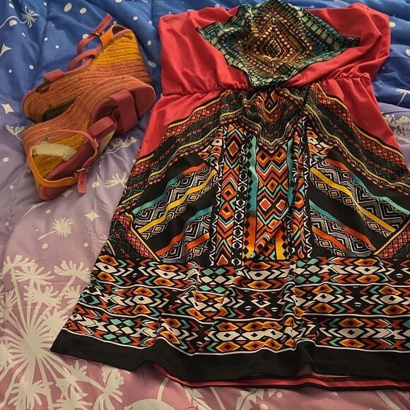 Bongo Multicolor Strapless Geometric Pullover Knee Length Sundress Women Size M - Picture 4 of 5